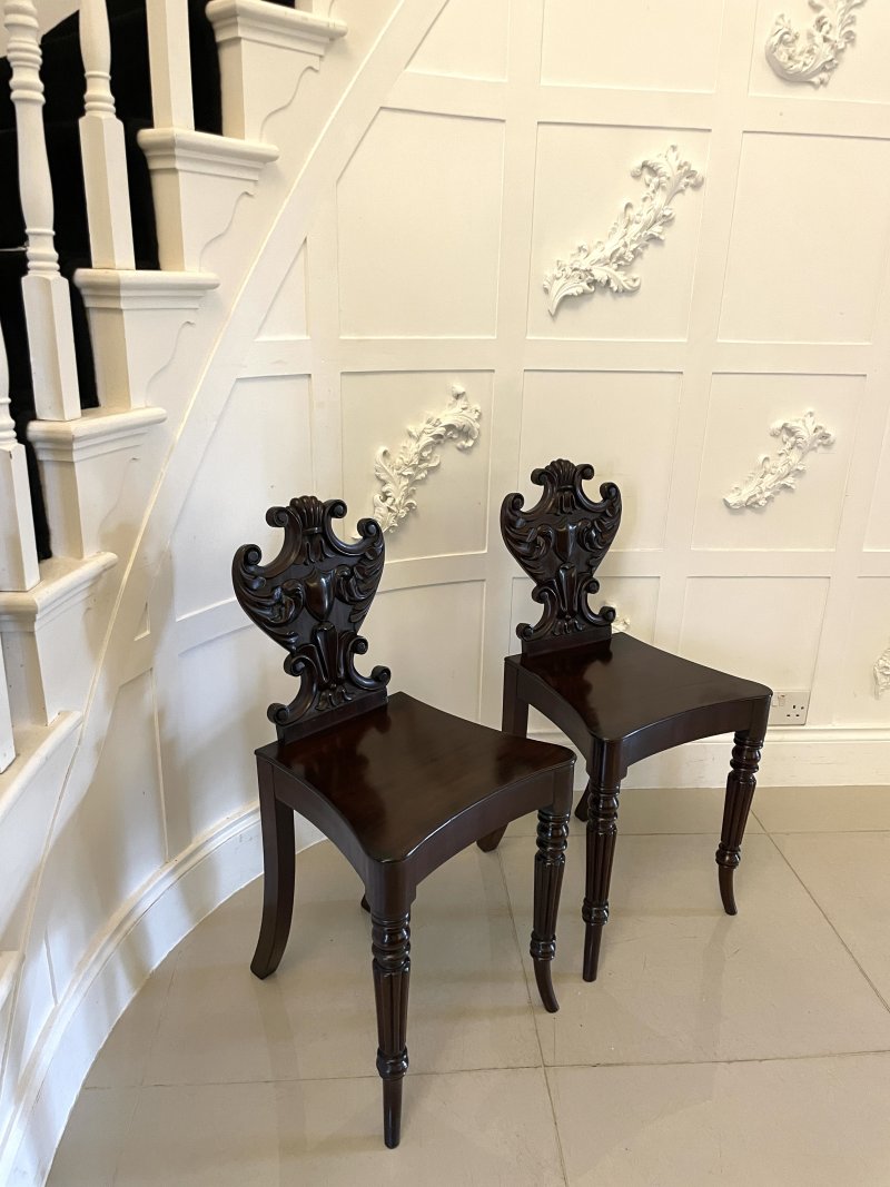 Outstanding Quality Pair of Antique Regency Carved Mahogany Hall Chairs - Image 3